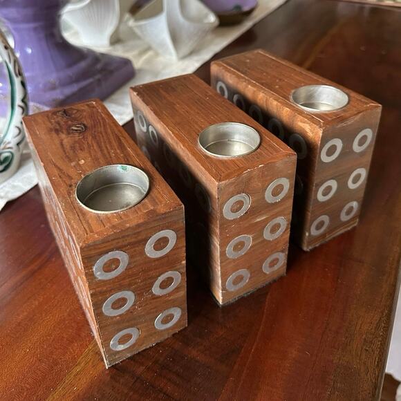 Vintage Wood Candle Holders Set Of Three Tea Light MCM art deco set modern retro - Picture 1 of 16